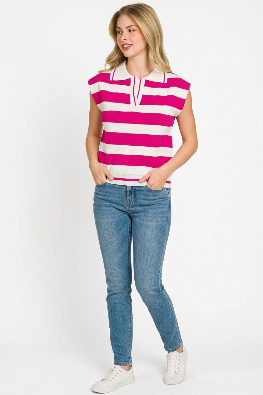Zenana Viscose Striped Collared Sweater Vest - cas7m