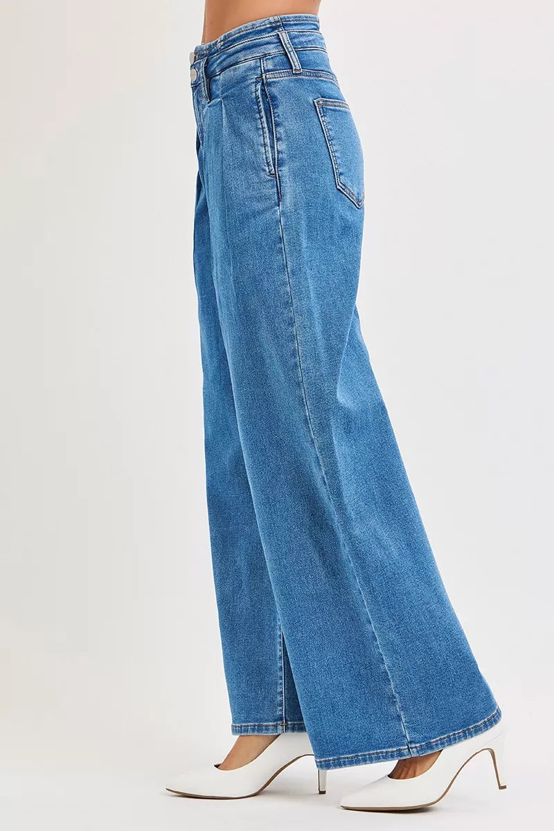 RISEN Full Size Mid Rise Fit Wide Leg with Pleated Detail Jeans Plus Size - cas7m