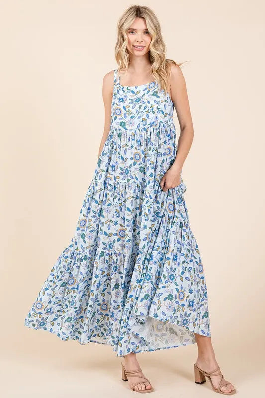 Mittoshop Flower Print Tiered Sleeveless Empire Maxi Dress - cas7m