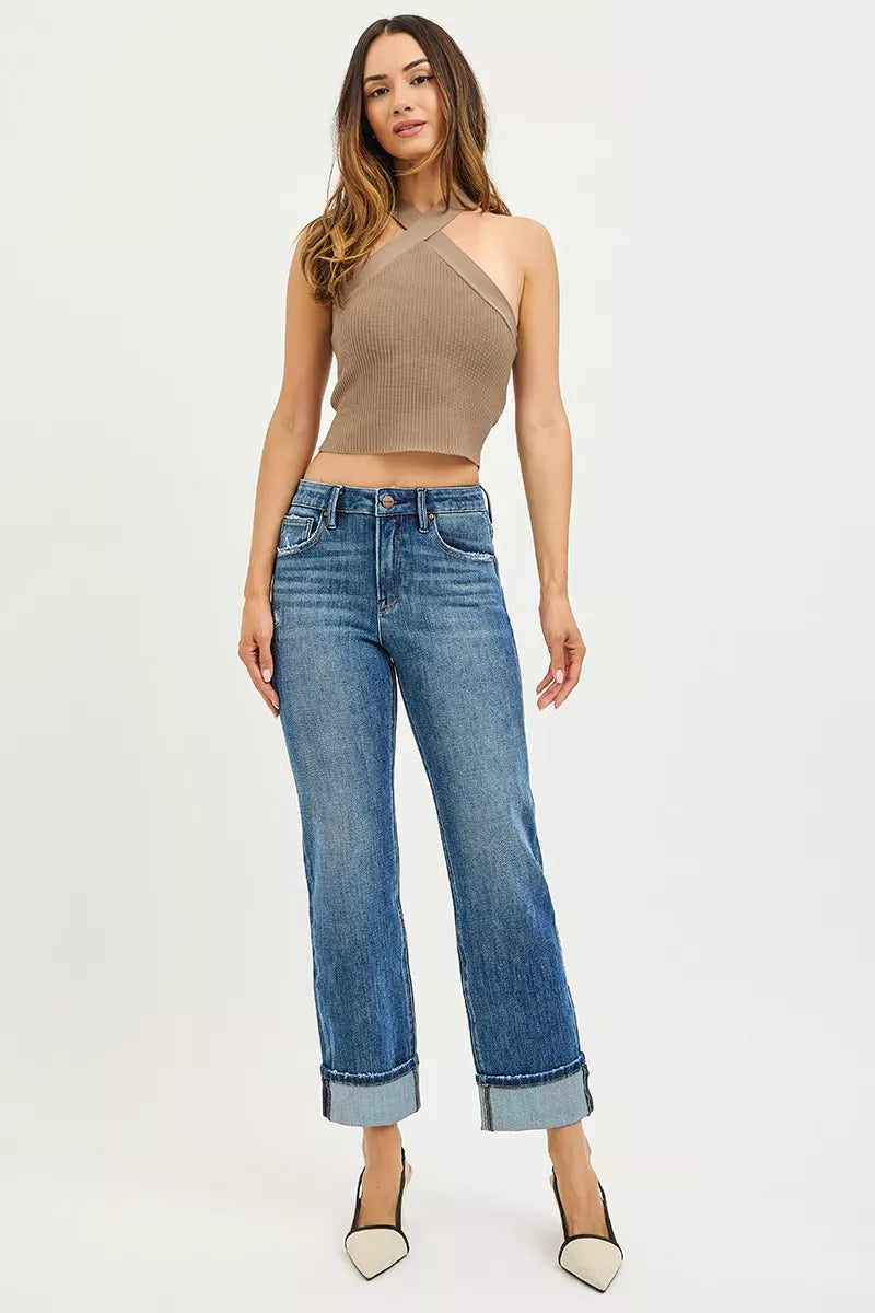 RISEN Full Size 4 Way Stretch Slouchy Straight Jeans with Cuffed Hem Plus Size - cas7m