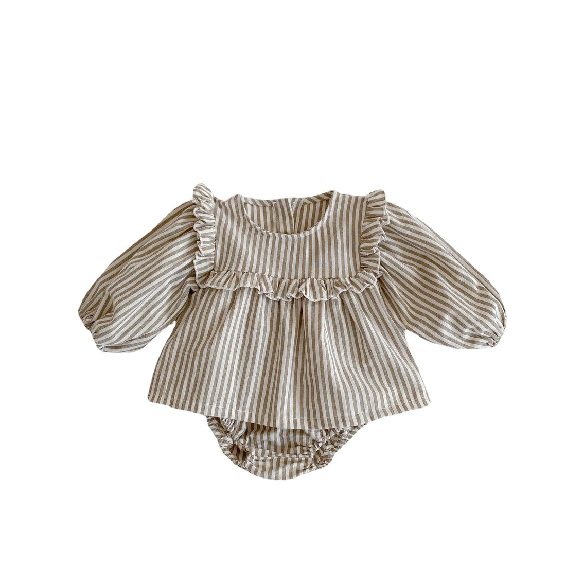 Cotton Baby Ruffle Collar Striped Long Sleeved Skirt Bread Pants Set - cas7m
