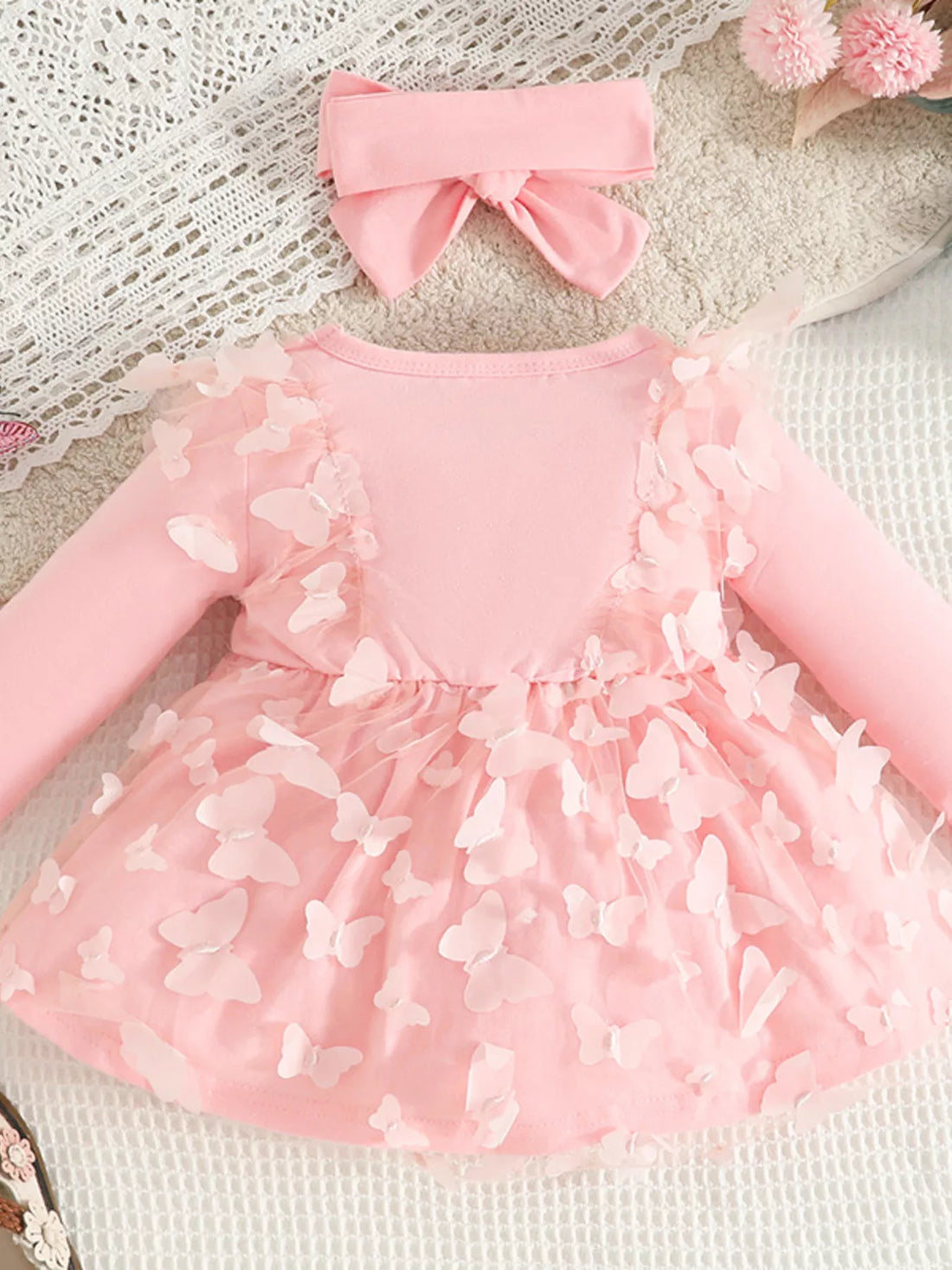 Children's Butterfly Decor Flower Applique Dress with Headband - cas7m
