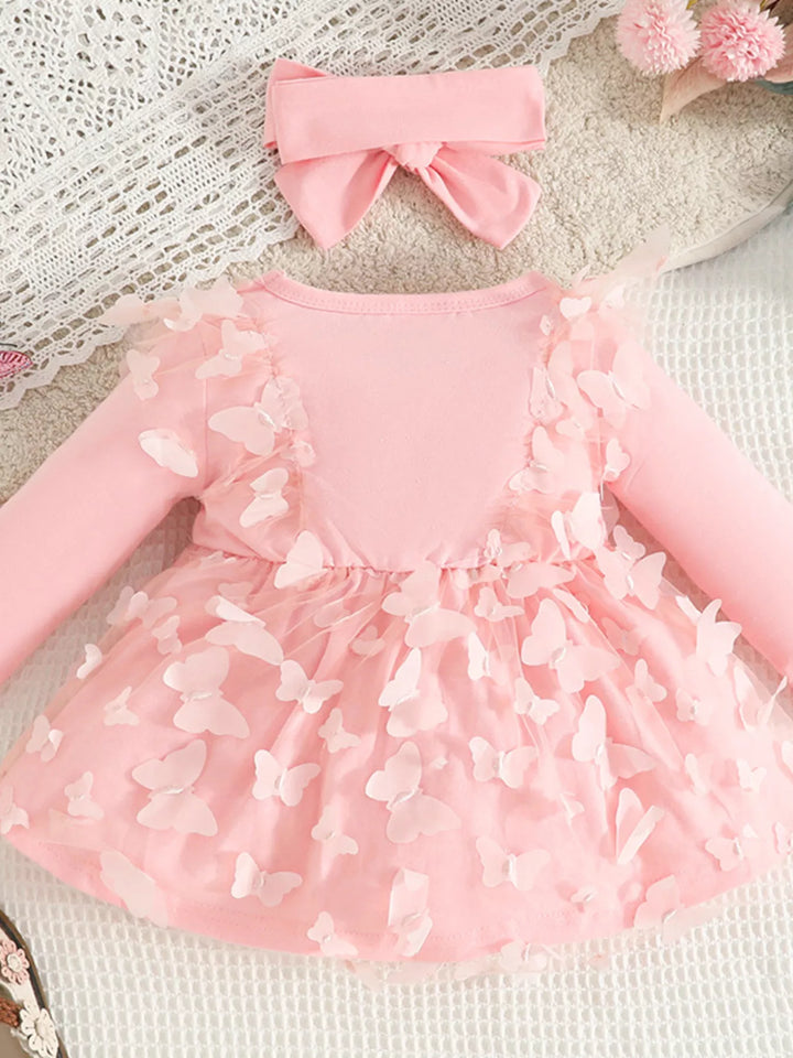 Children's Butterfly Decor Flower Applique Dress with Headband - cas7m