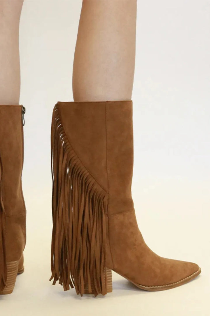Beast Fashion Suede Fringe Point Toe Boots - cas7m