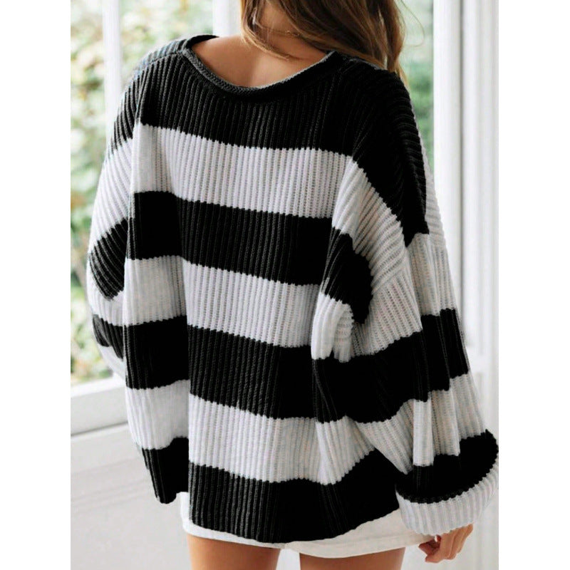 Loose Striped Sweater Fashion Casual Long Batwing Sleeve Round Neck Pullover Knit Tops Women Clothing - cas7m