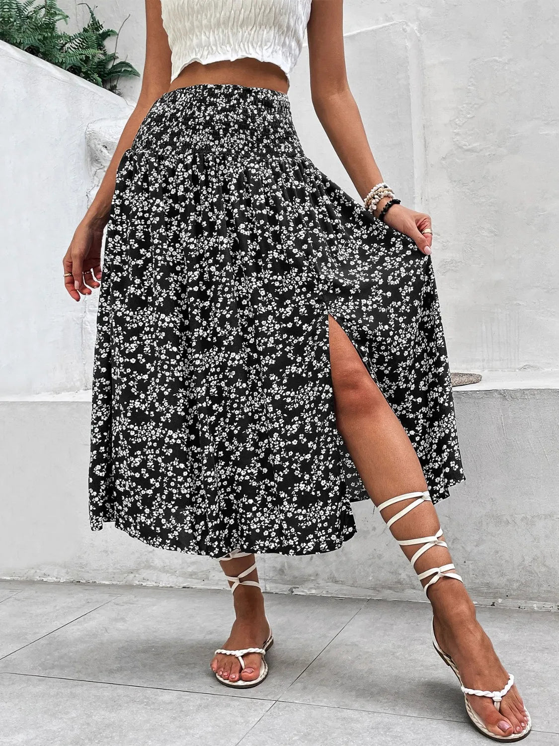 Slit Smocked Printed Skirt - cas7m
