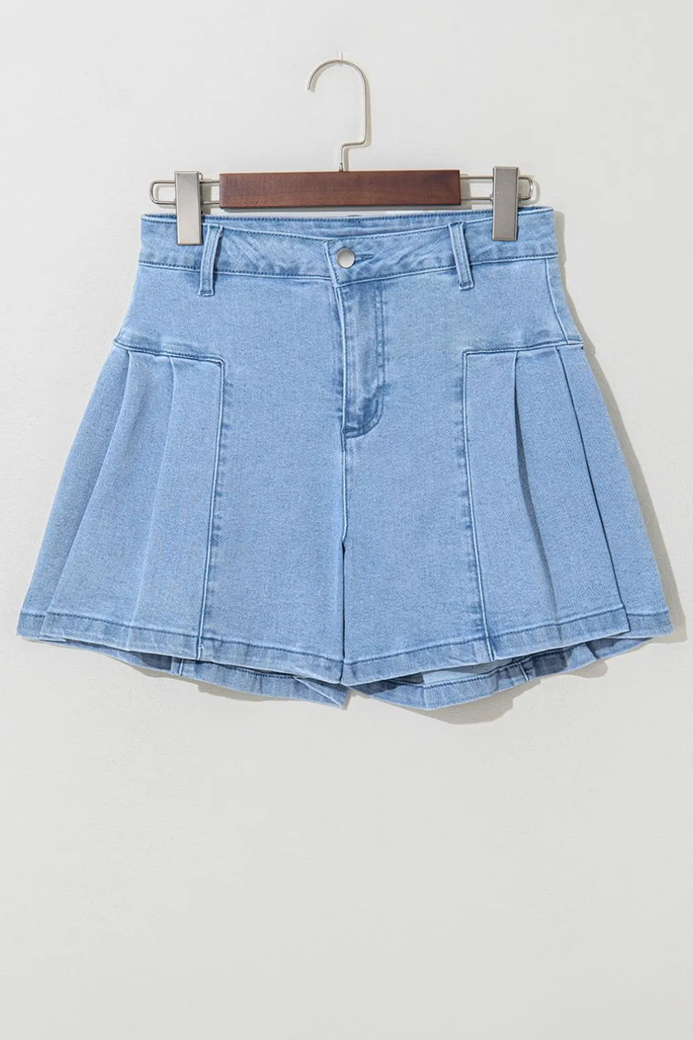 Pleated Patchwork Panel Lightweight Denim Shorts - cas7m