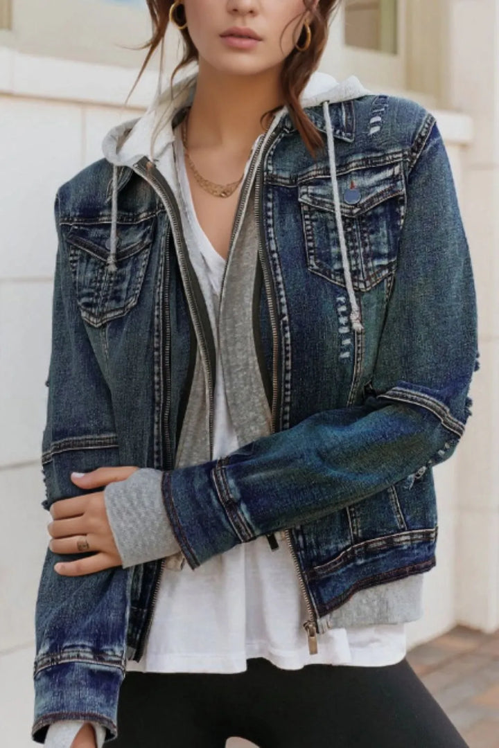 Fake Two-Piece Hooded Zip-Up Denim Jacket - cas7m