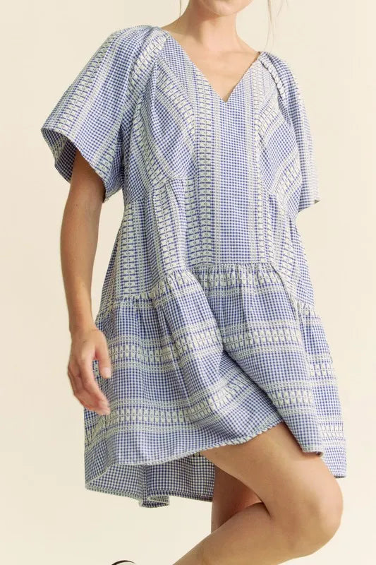 Davi & Dani Embroidered Stripe Ruffled Gingham Mini Dress - cas7m