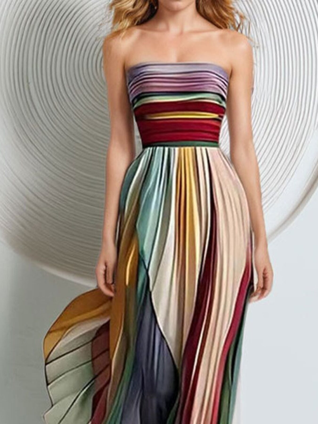 Striped Pleated Strapless Maxi Dress - cas7m