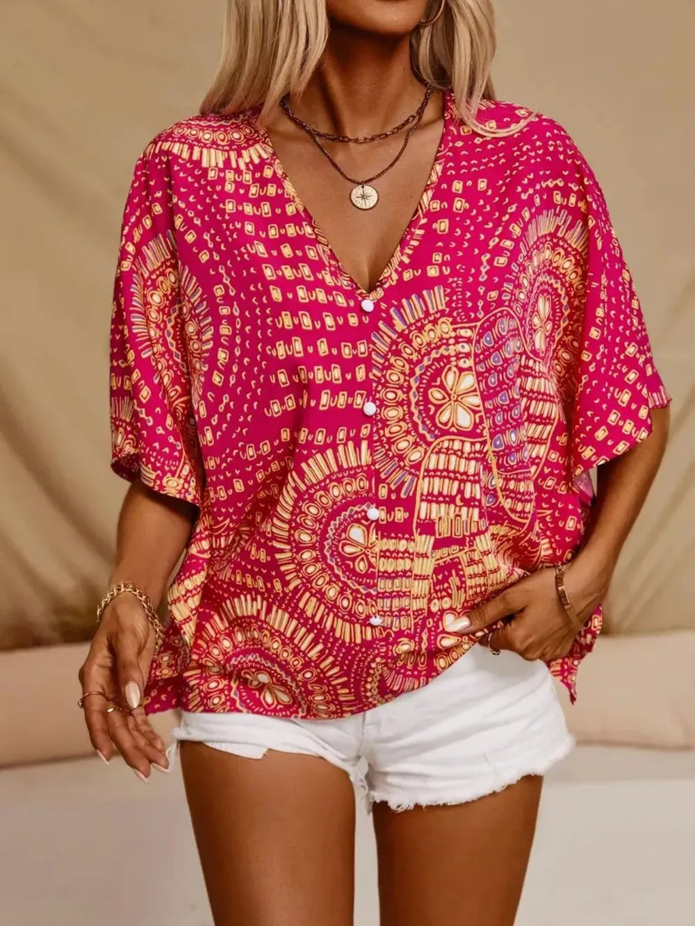 Printed V-Neck Half Sleeve Top - cas7m