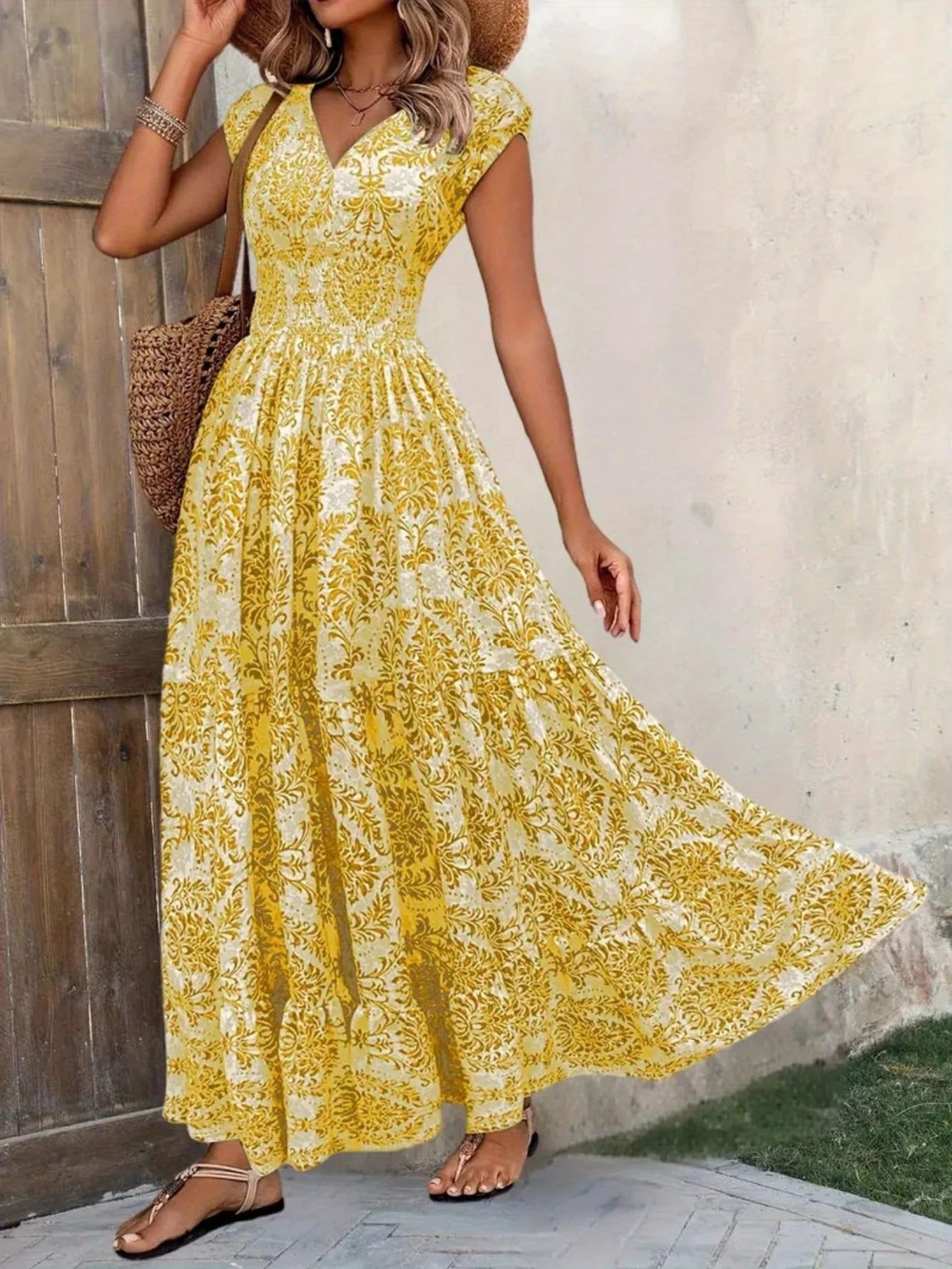 Printed Cap Sleeve Maxi Dress - cas7m