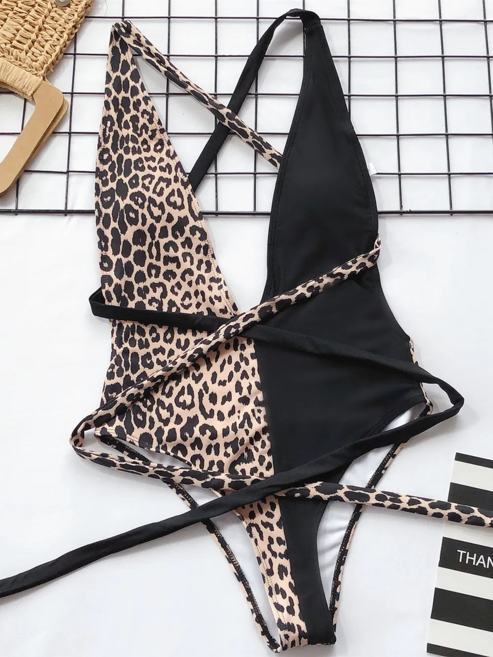 Tied Leopard Plunge One-Piece Swimwear - cas7m
