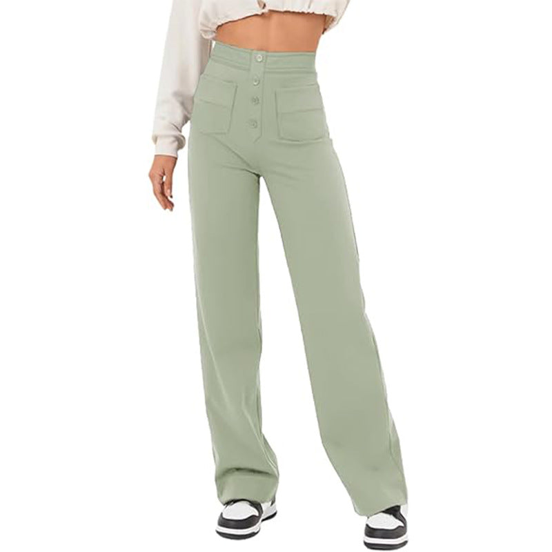 High Waist Trousers With Pockets Casual Loose Wide Leg Button Straight Pants Women's Clothing - cas7m