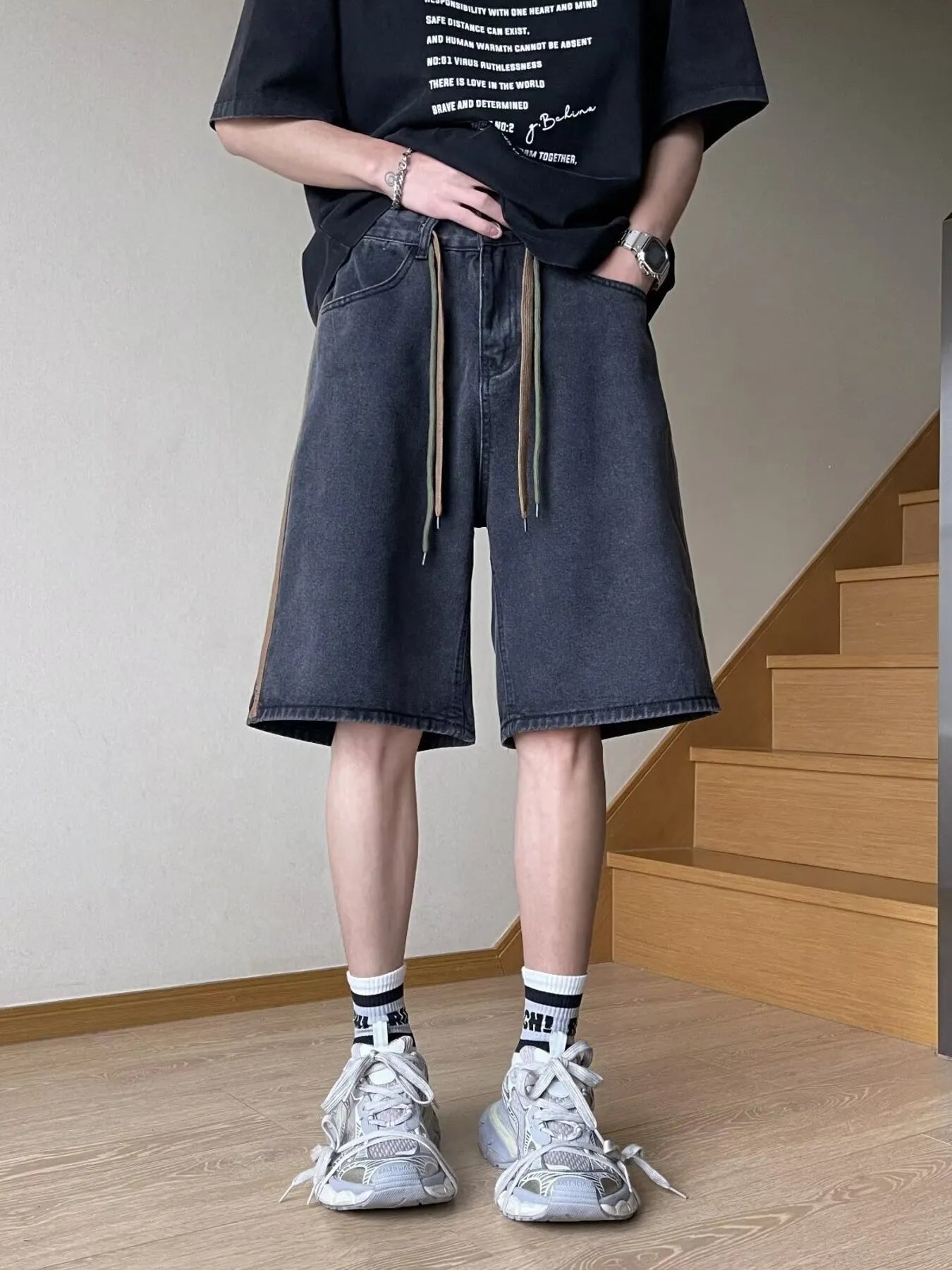 Men's Full Size Drawstring Wide-Leg Denim Shorts Plus Size - cas7m