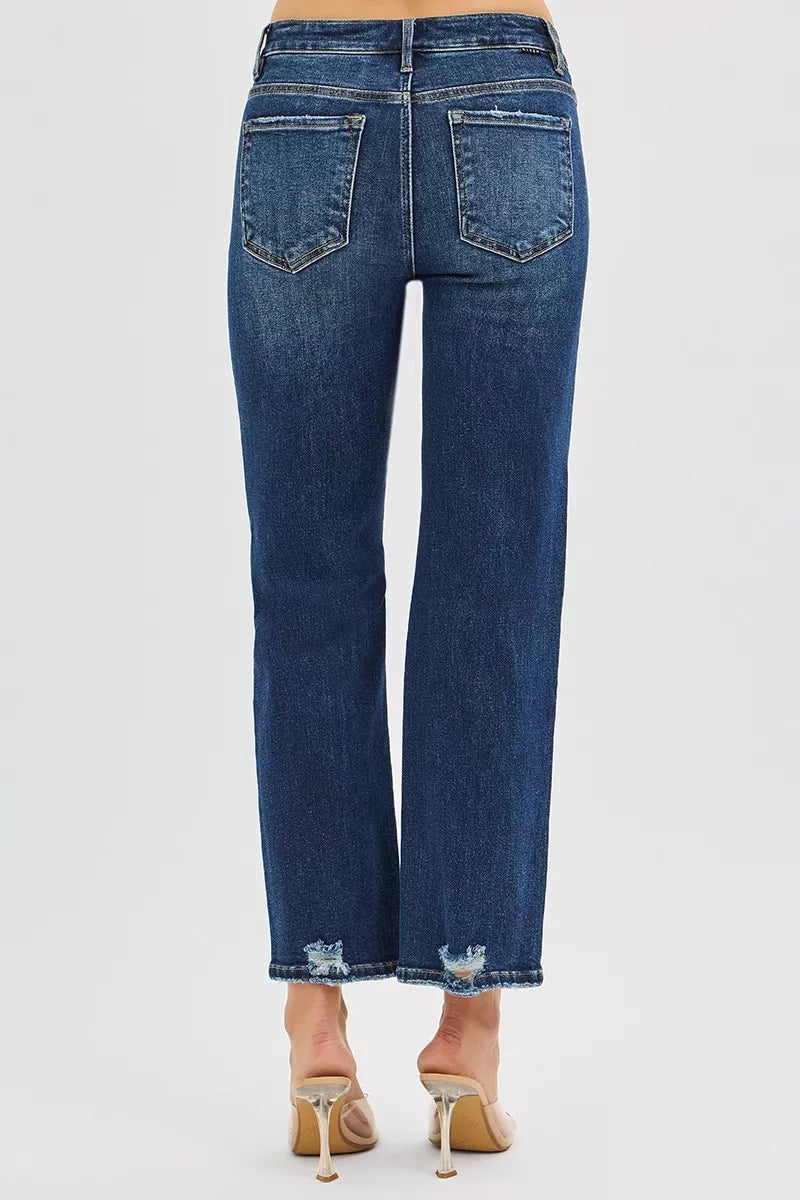 RISEN High Rise Crop Slim Straight Jenas with Hidden Knee Patch - cas7m