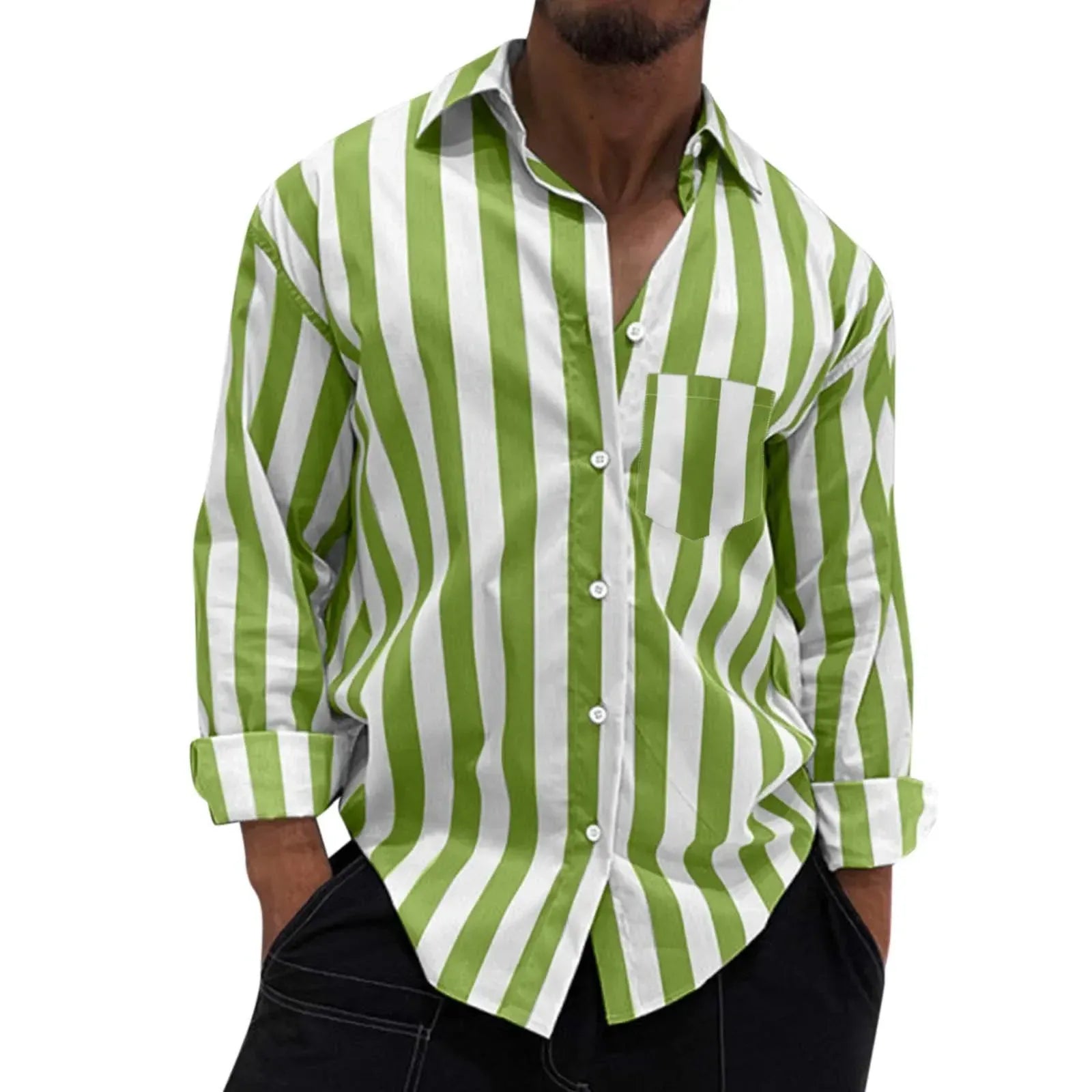 Men's Striped Button-Down Long Sleeve Shirt - cas7m