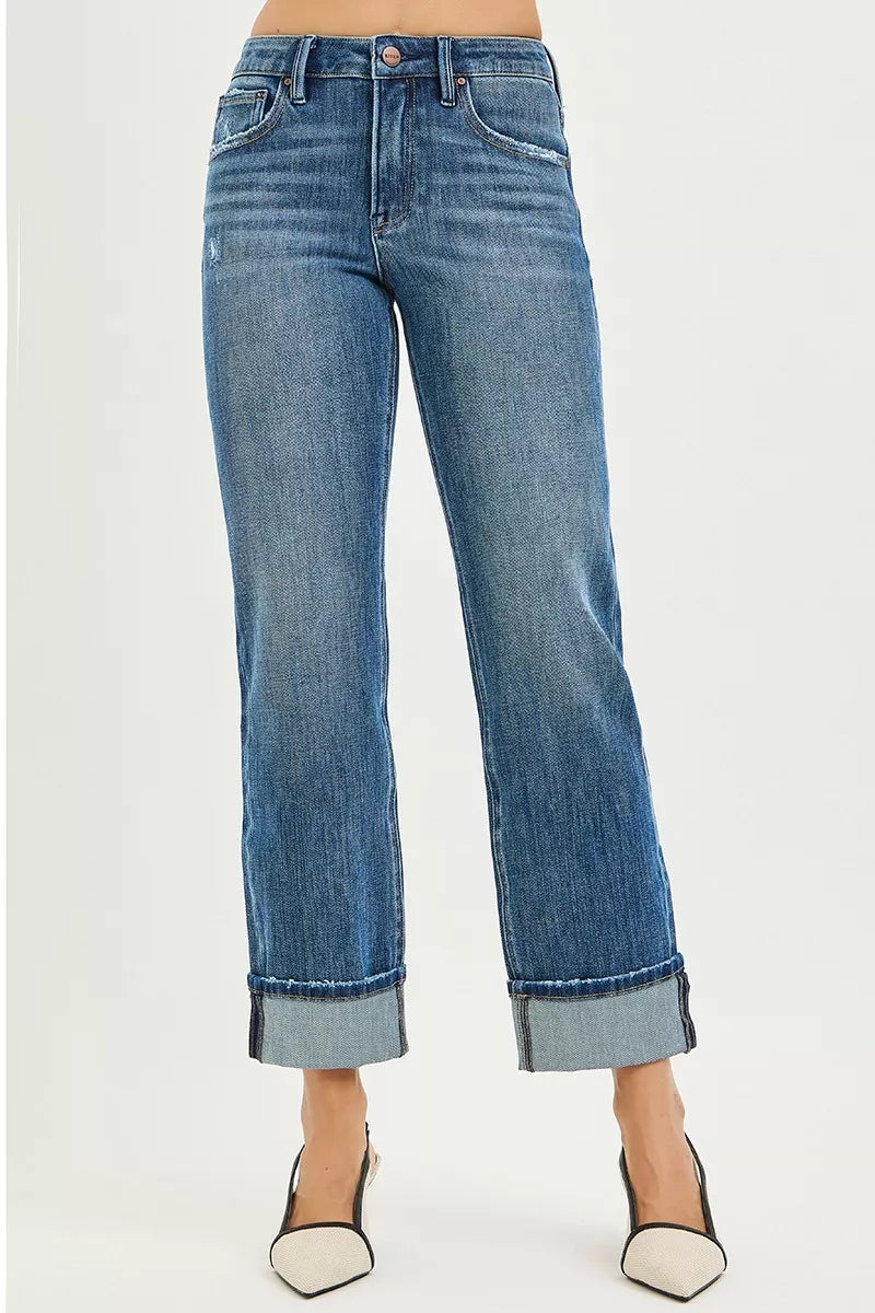 RISEN Full Size 4 Way Stretch Slouchy Straight Jeans with Cuffed Hem Plus Size - cas7m