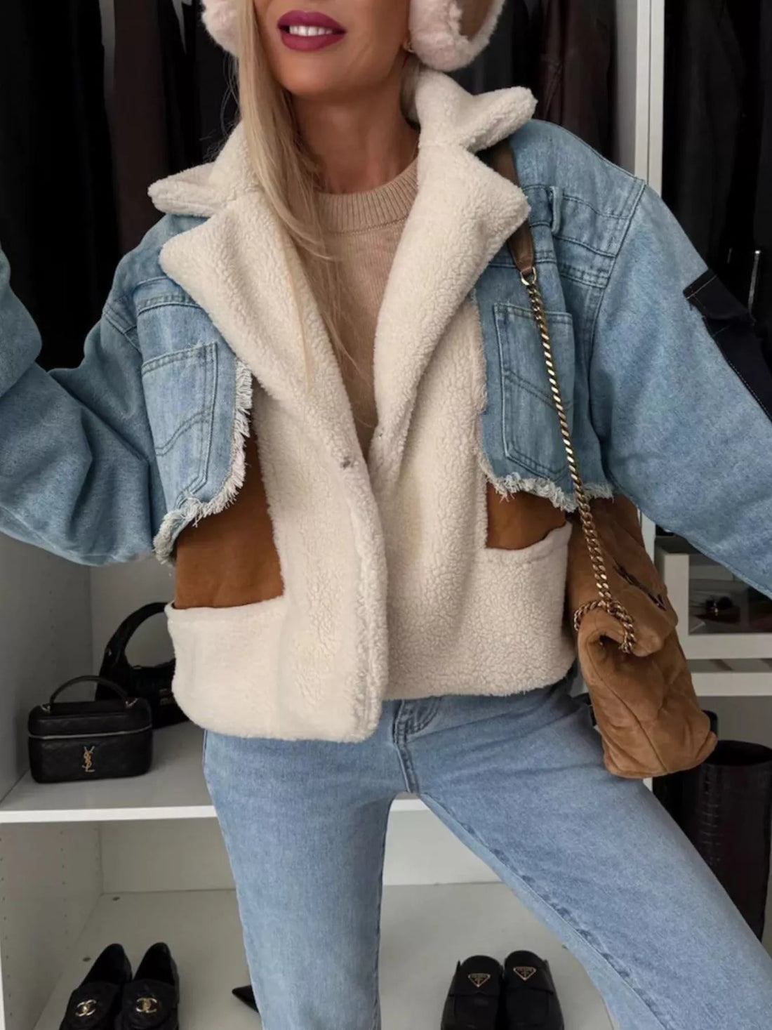 Raw Hem Sherpa Lined Denim Jacket - cas7m