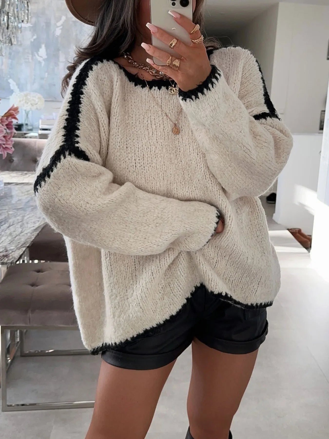 Contrast Trim Oversized Sweater - cas7m