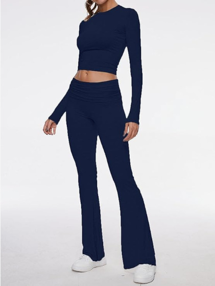 Women's Round Neck Bell-Bottom Pants Suit - cas7m