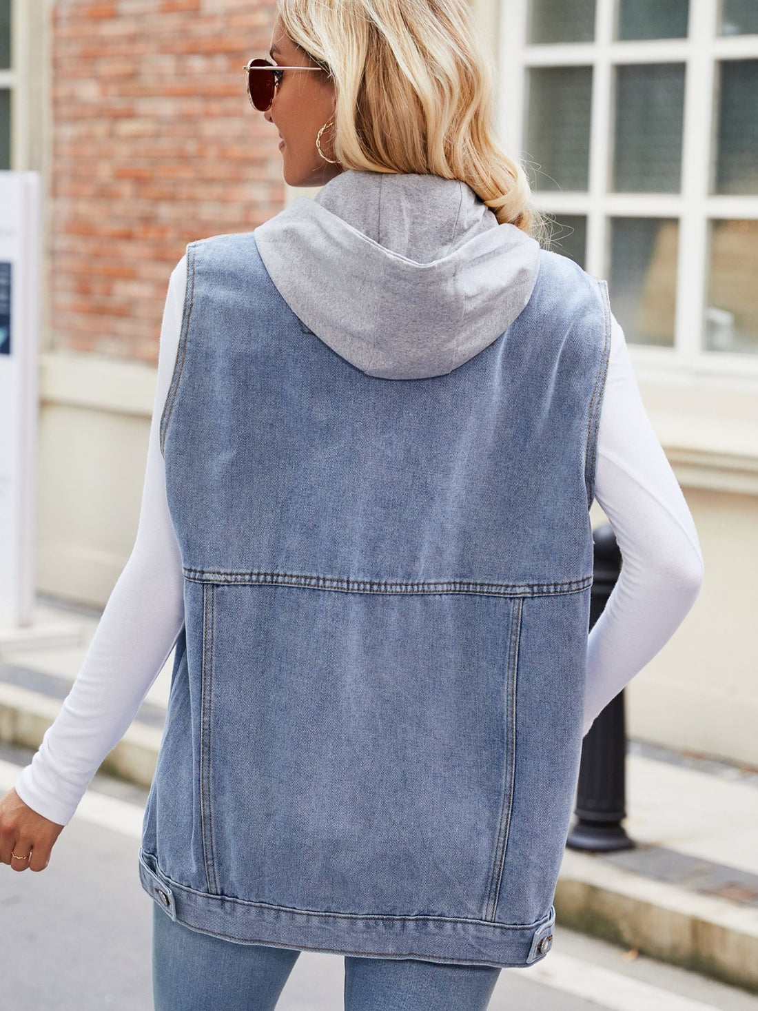 Drawstring Hooded Sleeveless Denim Jacket - cas7m