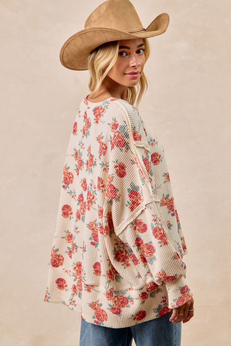 BiBi Floral Print Oversized Waffle Thermal Sweatshirt - cas7m