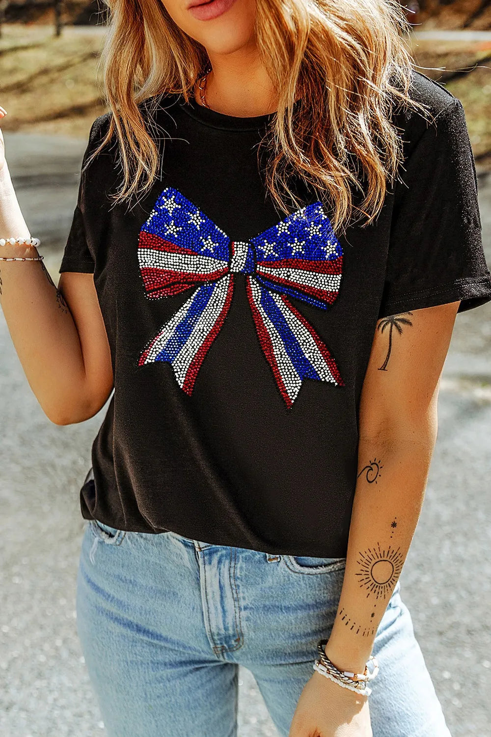 Bow Rhinestone Round Neck T-Shirt - cas7m