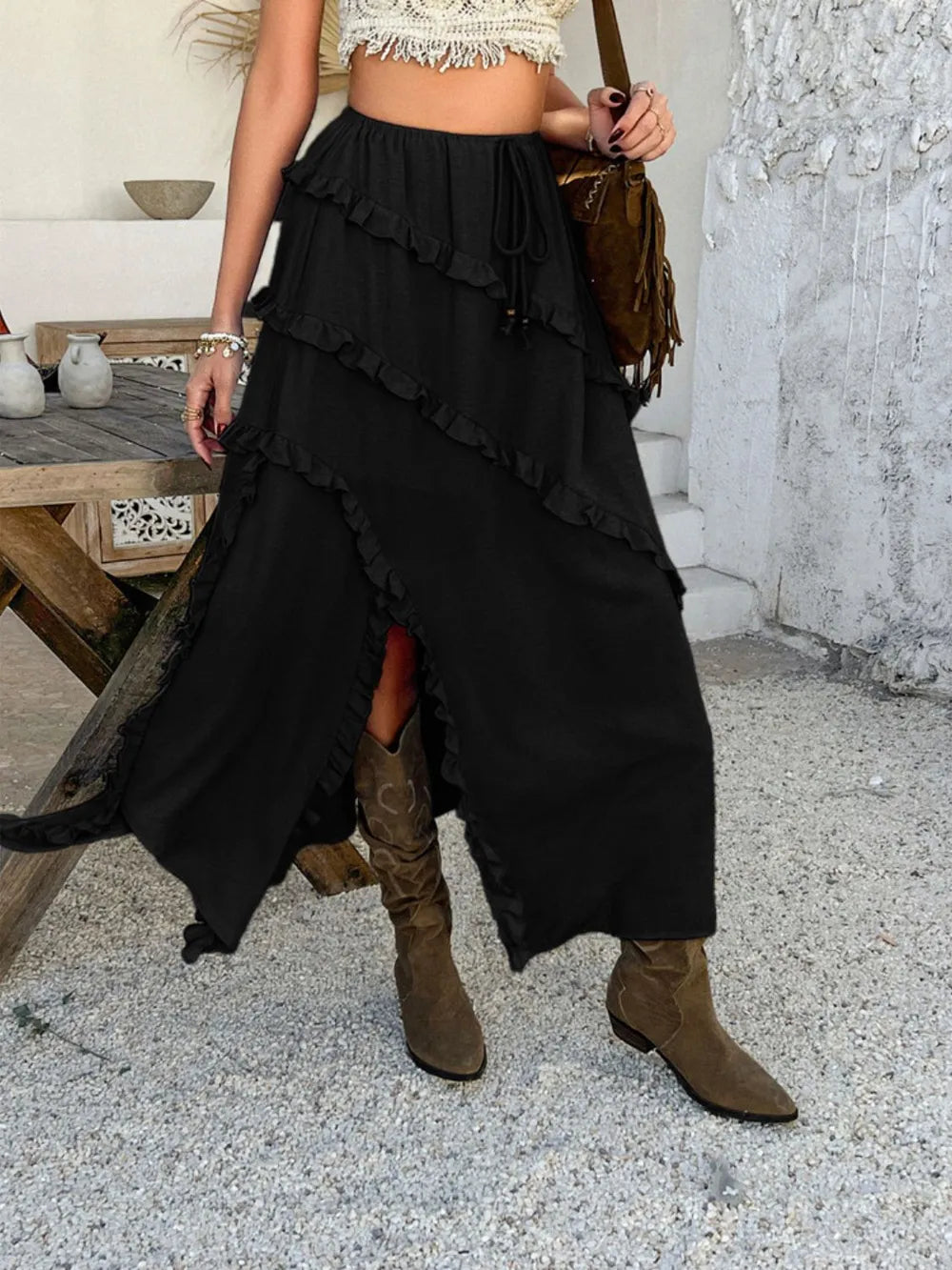 Devine Slit Drawstring Ruffled Skirt - cas7m