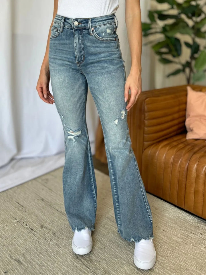 Judy Blue Full Size Medium Rise Tummy Control Destroy Flare - cas7m