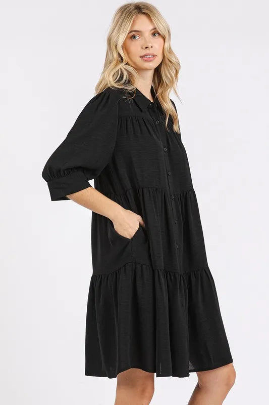 Mittoshop Button Detail Collared Neck Tiered Shirt Dress - cas7m