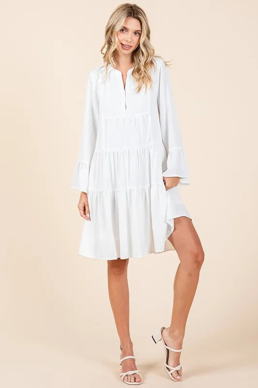 Mittoshop Tiered Notched Flare Sleeve Dress - cas7m
