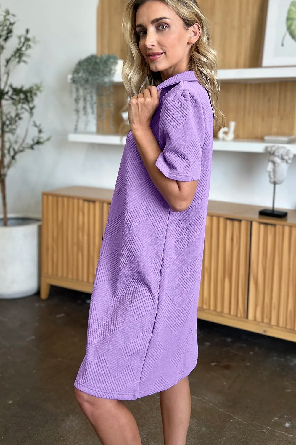 Double Take Full Size Texture Collared Neck Short Sleeve Dress - cas7m