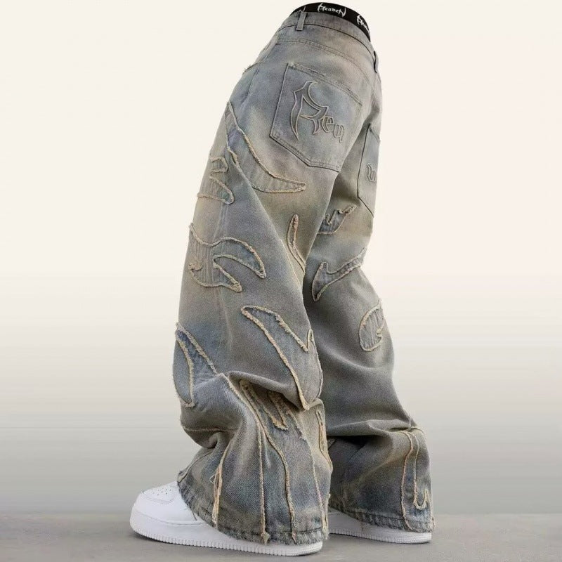 Loose Straight-leg Wide-leg Pants Mud Dyed Ripped Jeans For Men - cas7m