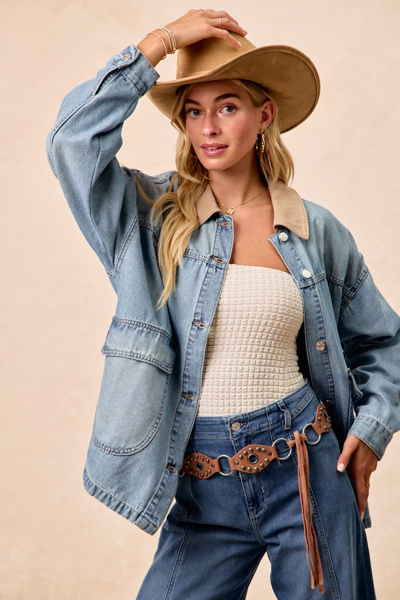 BiBi Washed Denim Jacket with Contrast Collar Detail - cas7m