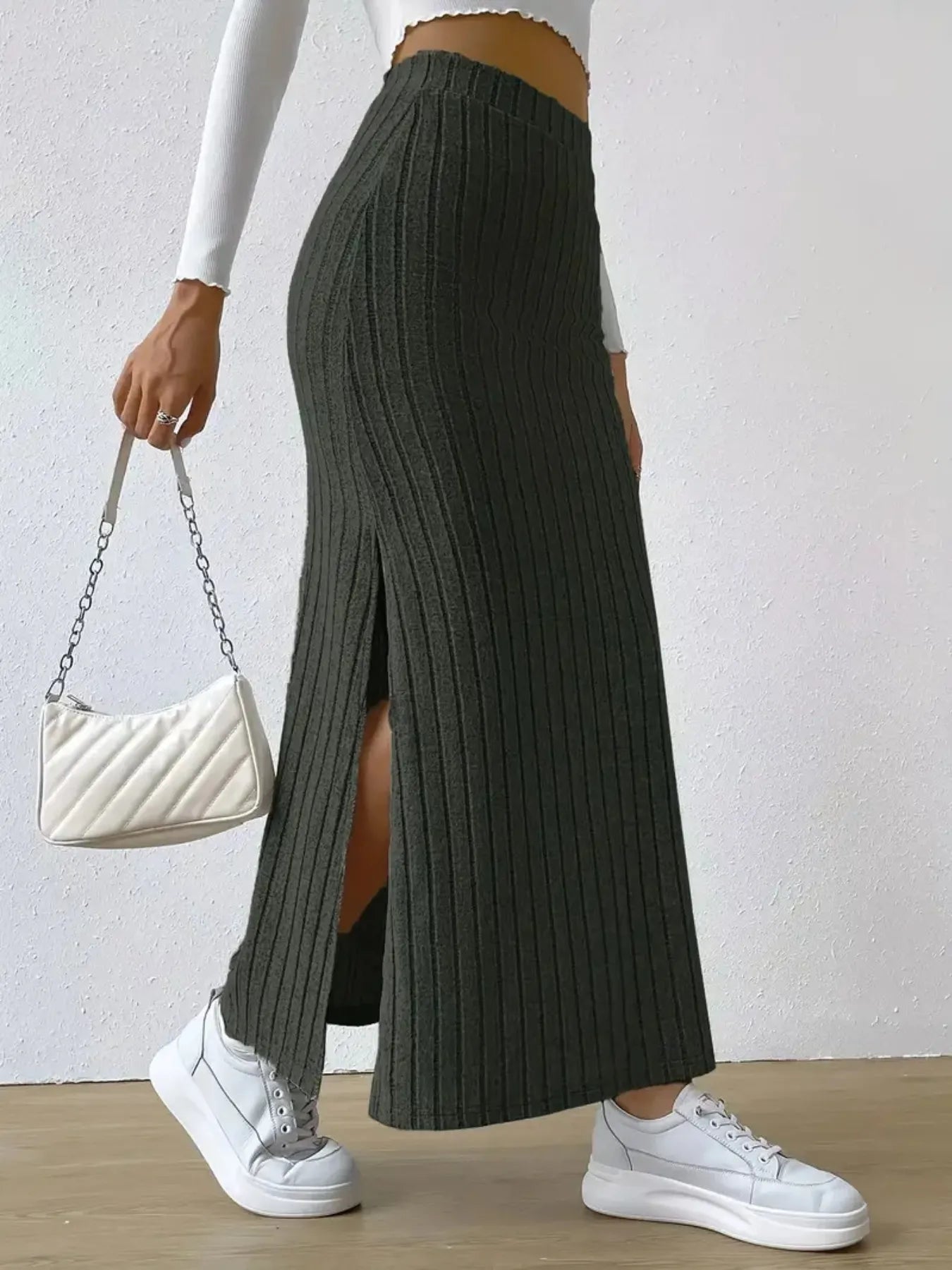 High Waist Ribbed Knit Maxi Skirt - cas7m