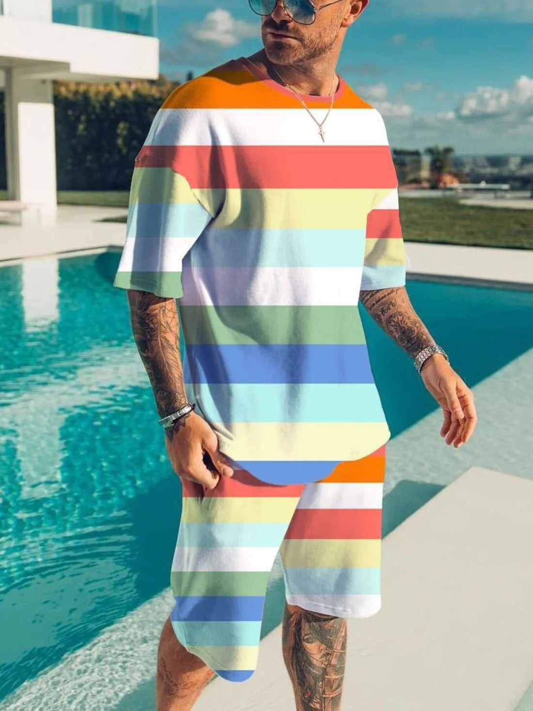 Men's Full Size Color Block Tee and Shorts Set Plus Size - cas7m