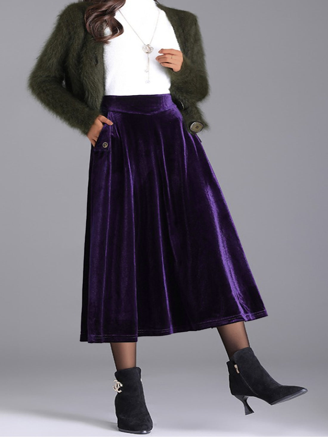 Plus Size Elegant Velvet A-Line Midi Skirt - cas7m
