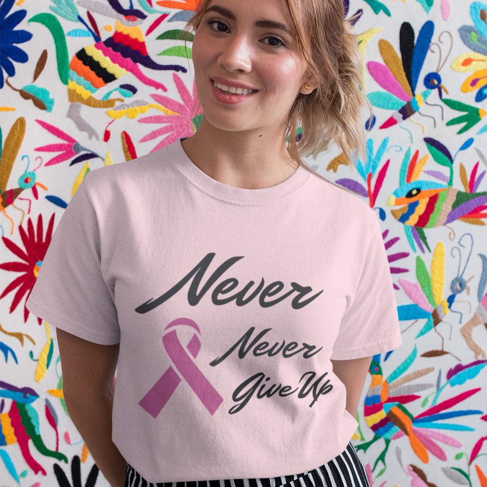 Never Never Give Up Pink Ribbon Awareness T-Shirt - cas7m