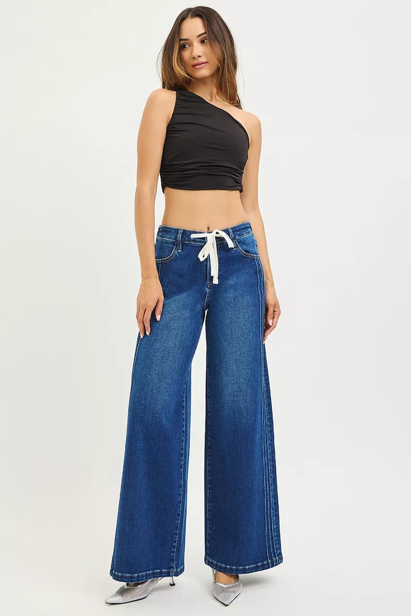 RISEN Full Size Mid Rise Wide Side Pintuck Jeans with Front Drawstring Plus Size - cas7m