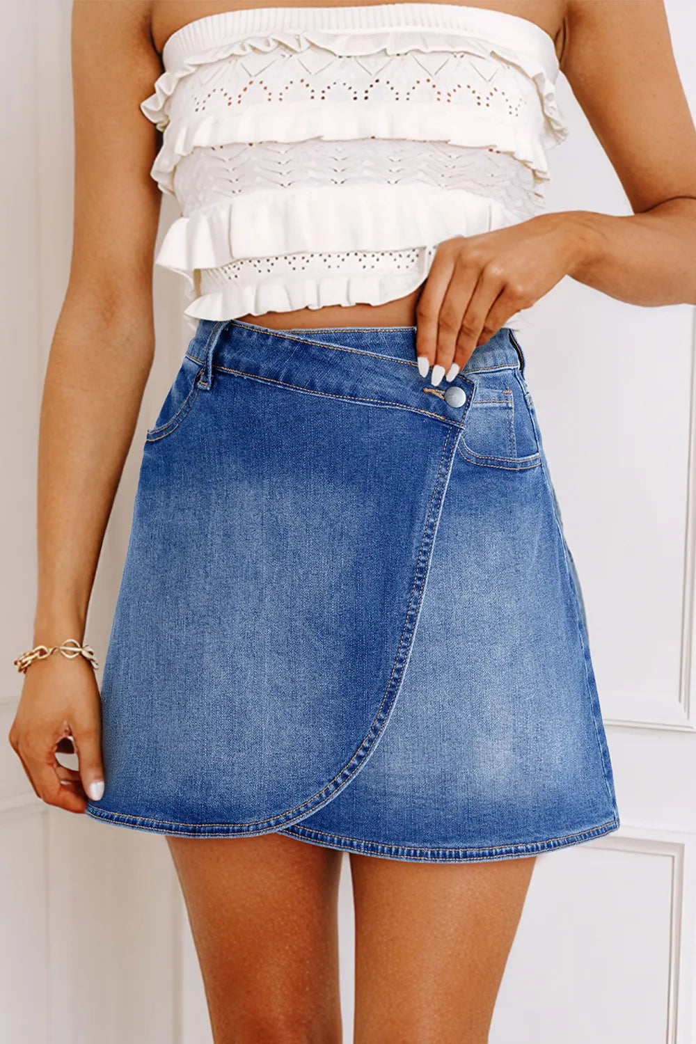 Wrapped Crossed Waist Denim Mini Skirt - cas7m