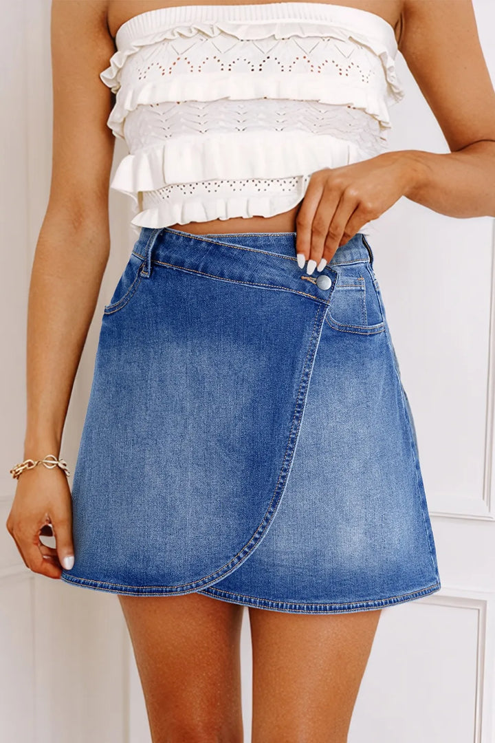 Wrapped Crossed Waist Denim Mini Skirt - cas7m