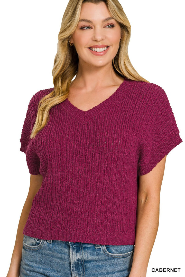 Zenana Textured Knit V-Neck Cropped Sweater - cas7m