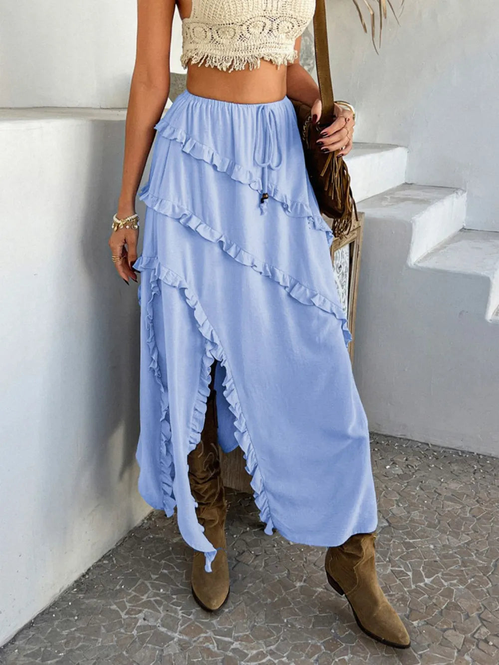 Devine Slit Drawstring Ruffled Skirt - cas7m