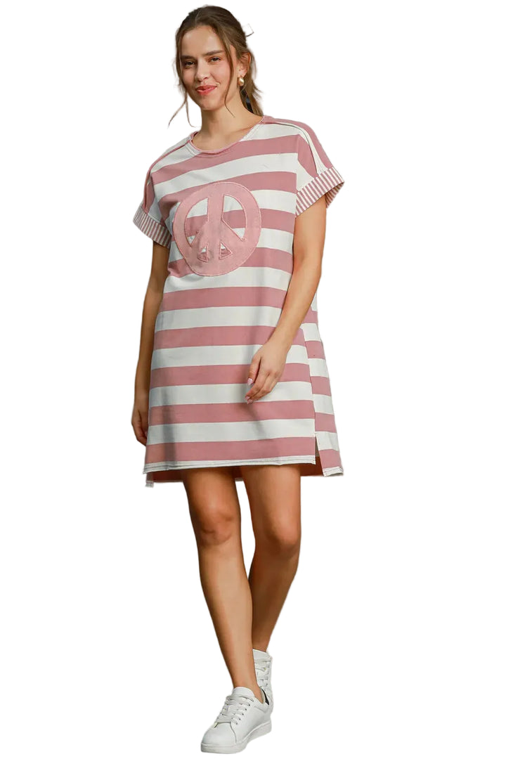 Umgee Peace Applique Striped Short Sleeve Mini Dress - cas7m