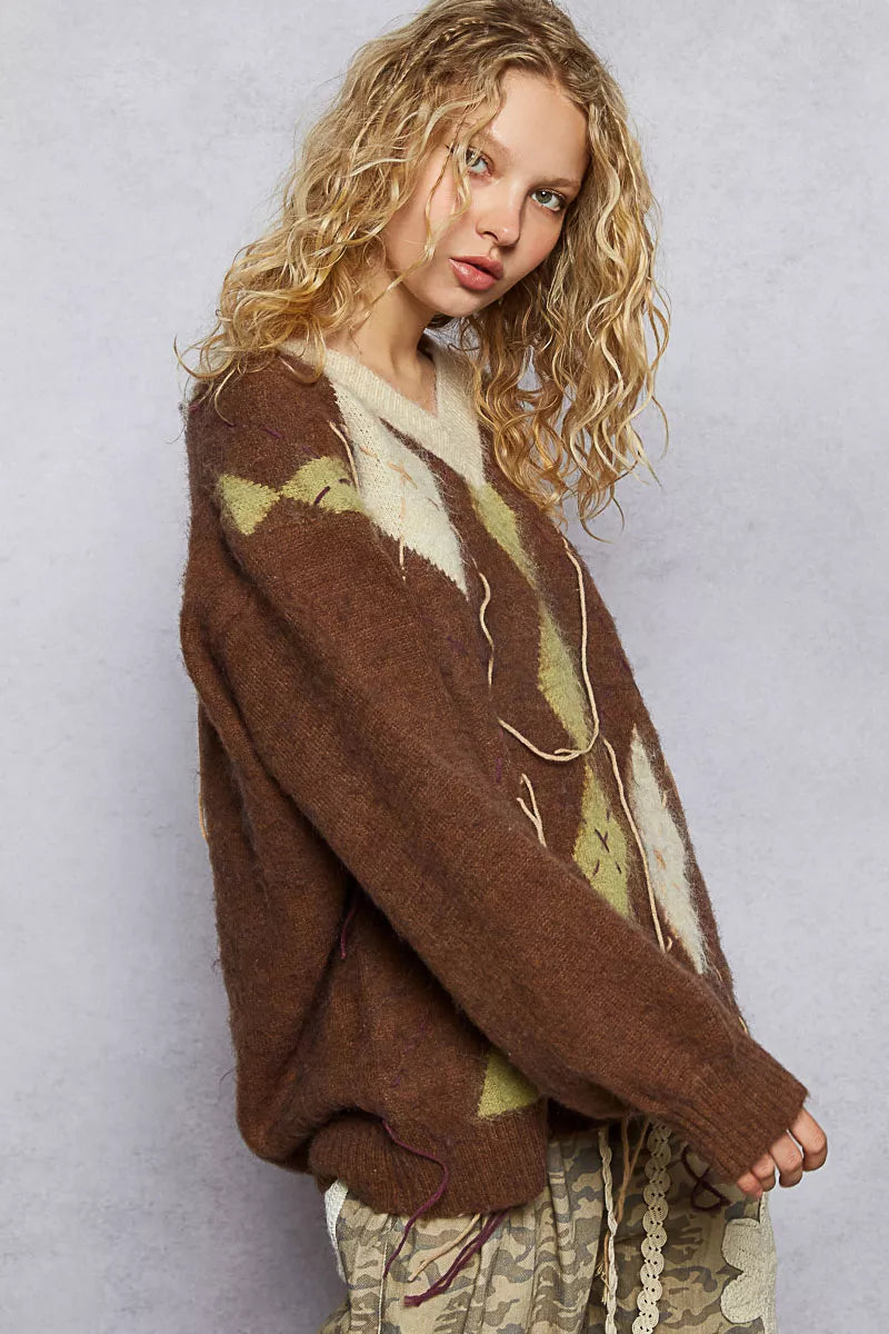 POL V-Neck Argyle Pattern Mohair Sweater with Contrast Exposed Stitch Detail - cas7m