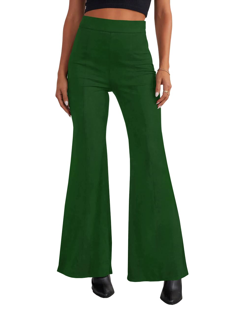 HBQ Womens High Waisted Stretchy Bell Bottom Flare Pants Wide Leg Slim Tailored Work Trousers-S-Green