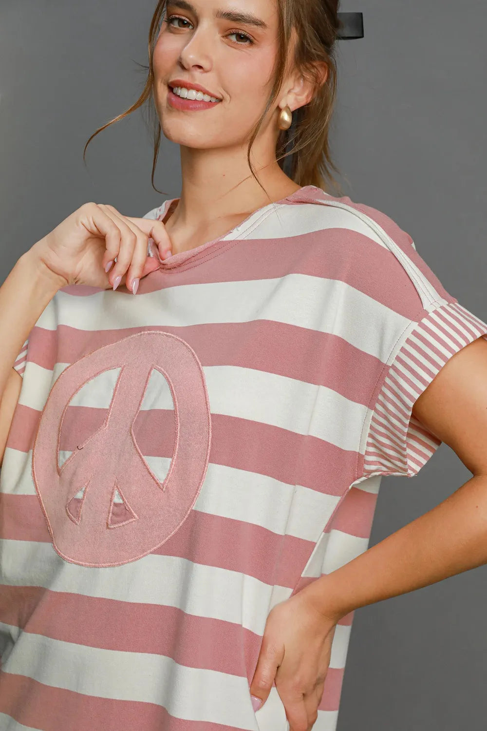 Umgee Peace Applique Striped Short Sleeve Mini Dress - cas7m