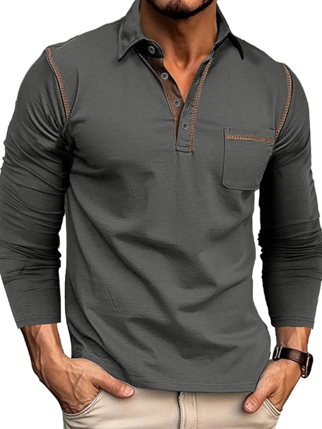 Men's Long Sleeve Polo Shirt with Contrast Stitching - cas7m