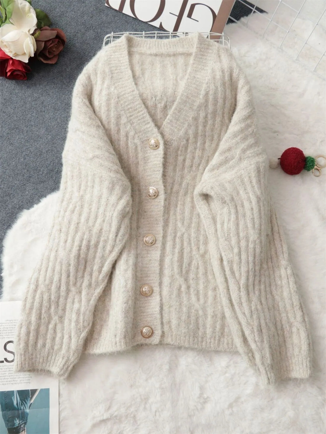 Cable Knit Button-Up Cardigan - cas7m
